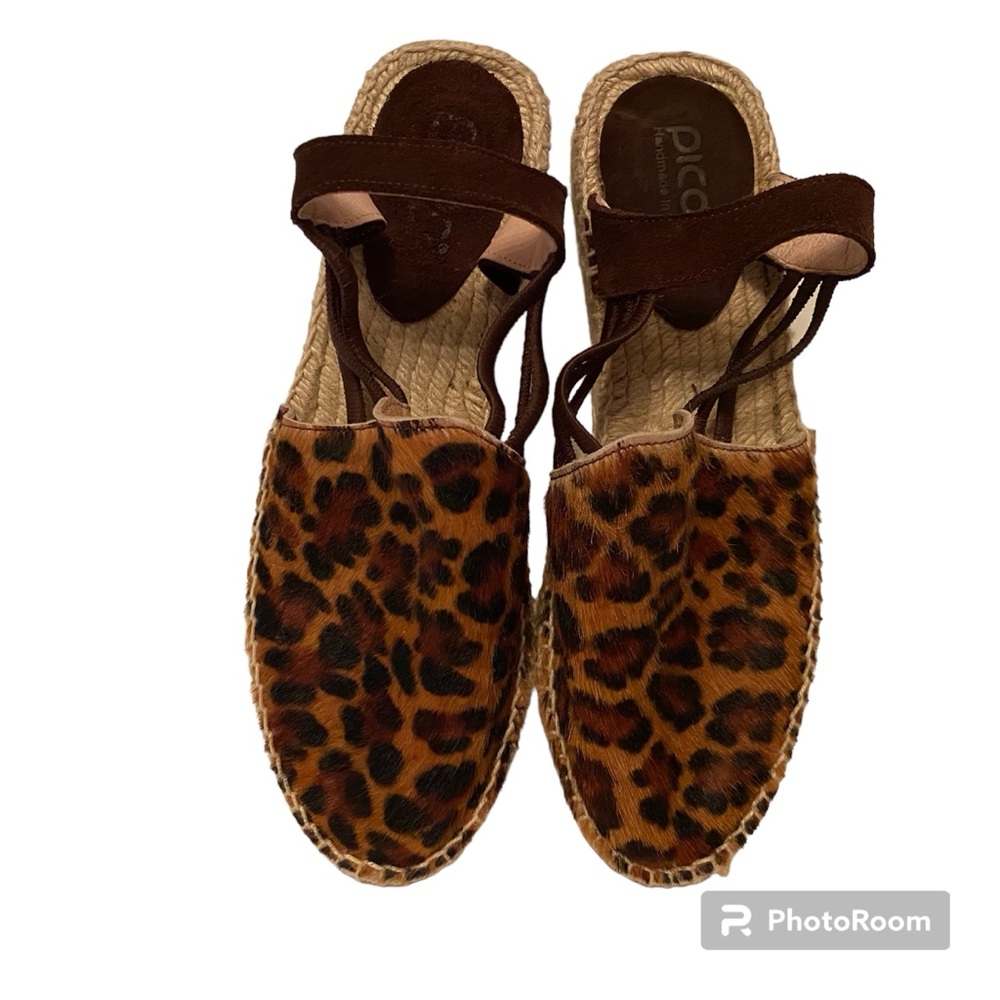 NEW PICON ESPADRILLE SHOES BROWN ANIMAL PRINT LEATHER HANDMADE SPAIN SIZE 7.5